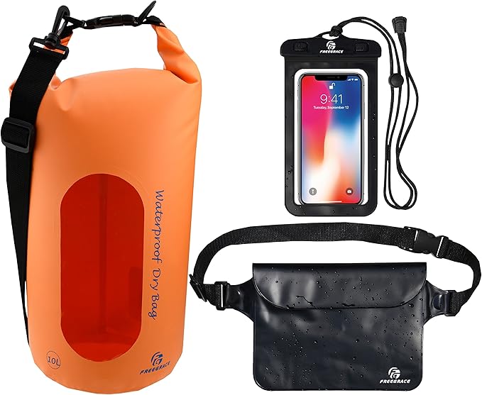 Freegrace Waterproof Dry Bags Set of 3 Dry Bag with 2 Zip Lock Seals & Detachable Shoulder Strap, Waist Pouch & Phone Case - Can Be Submerged Into Water - for Swimming (Orange(Window), 10L)
