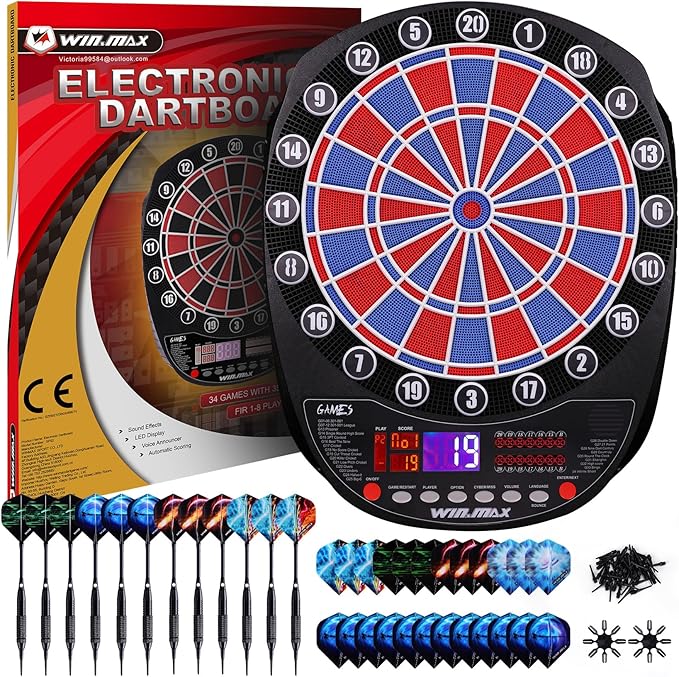 WIN.MAX Electronic Dart Board Soft Tip Dartboard Set LED Displays 3 Languages with 12 Darts 100 Tips Power Adapter