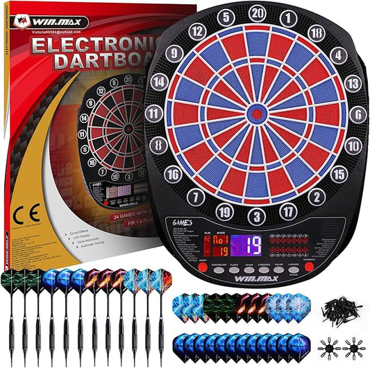 WIN.MAX Electronic Dart Board Soft Tip Dartboard Set LED Displays 3 Languages with 12 Darts 100 Tips Power Adapter