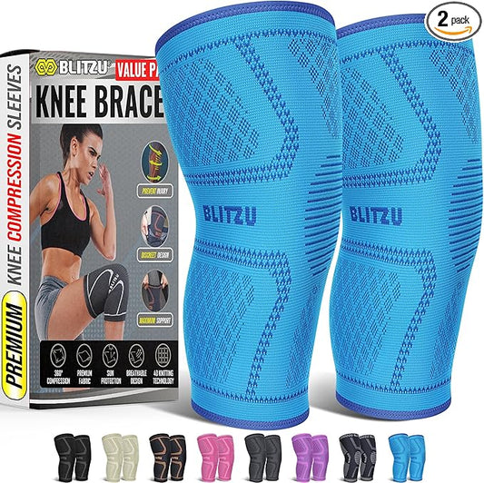 Knee Brace for Women & Men, 2 Pack Compression Knee Brace, Knee Support Sleeve for Pain Relief, Running, Workout, Sports, Knee Braces for ACL, Meniscus Tear, Arthritis and Injury Recovery Blue M