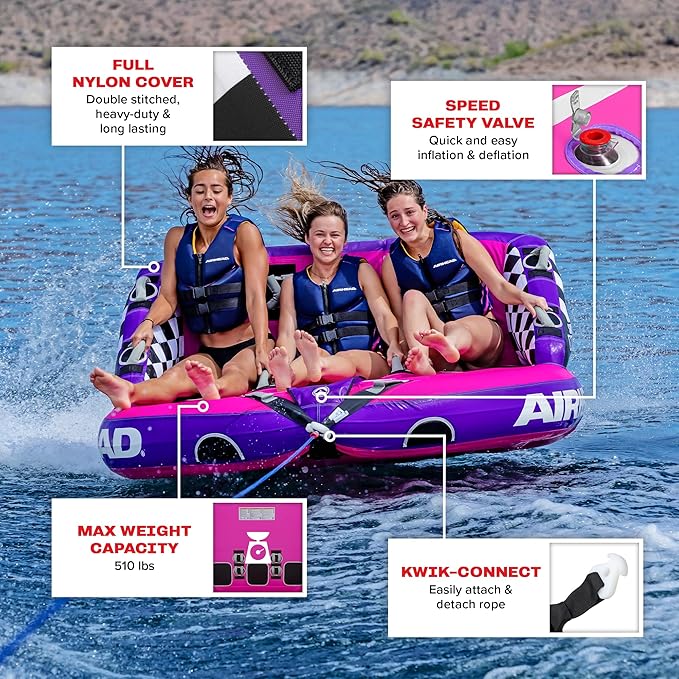 Airhead Mable Inflatable Towable Tube, 1-4 Rider Models, Dual Tow Points, Full Nylon Cover, EVA Foam Pads, Patented Speed Valve, Boat Tubes and Towables