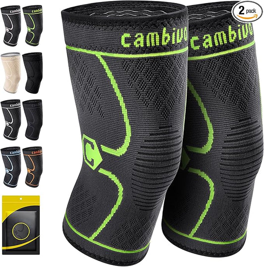 CAMBIVO 2 Pack Knee Brace, Knee Compression Sleeve for Men and Women, Knee Support for Running, Workout, Gym, Hiking, Sports (Green,X-Large)
