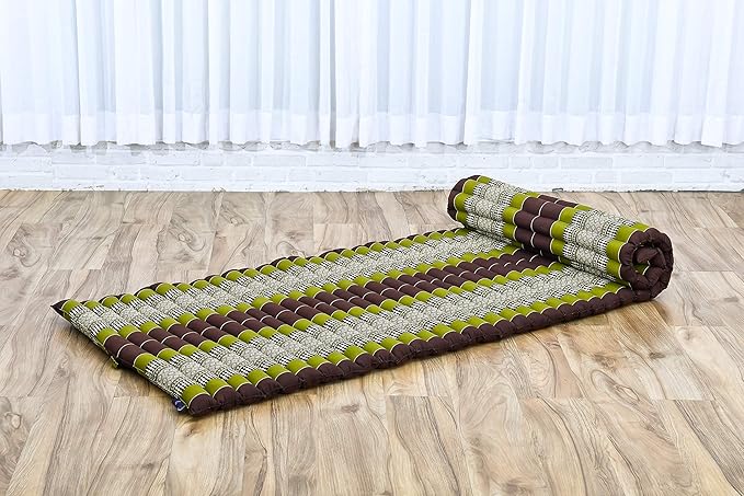 Leewadee - Foldable Floor Mattress - Japanese Roll Up Futon -Trifold Tatami Mat- Guest Floor Bed - Camping Mattress - Thai Massage Mat, Kapok Filled, 75 x 28 inches, Brown Green