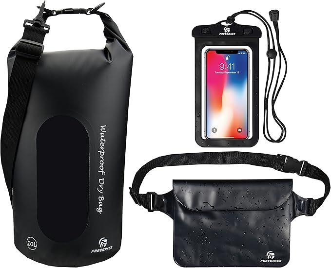 Freegrace Waterproof Dry Bags Set Of 3 Dry Bag With 2 Zip Lock Seals & Detachable Shoulder Strap, Waist Pouch & Phone Case - Can Be Submerged Into Water - For Swimming (Black(Window), 5L)