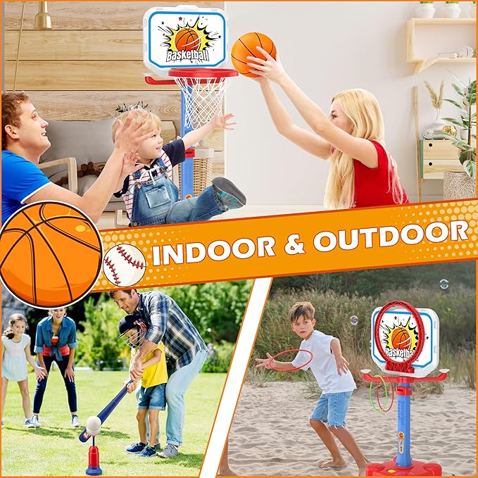 4 in 1 Toddler Basketball Hoop and T Ball Set, Toss Ring Game Kids Toys, Adjustable Height Kids Basketball Hoop Pool Toys Indoor Outdoor Sports, Gifts for Boys Girls Outdoor Toys for Toddlers 3-5 2-4