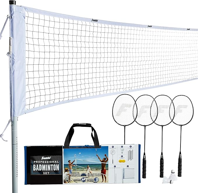Franklin Sports Badminton Net Sets - Outdoor Backyard + Beach Badminton Net + Equipment Set - (4) Rackets + (2) Birdies + Portable Net Included - Adults + Kids Set