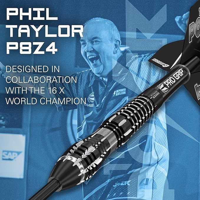 TARGET Darts Phil Taylor Power 8-Zero 4 Black Steel Tip Darts, 80% Tungsten Dart Set, P8Z4, 21G | Player Edition Darts with Fixed Points | Black Darts Case Included