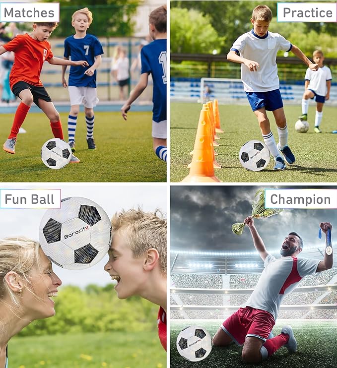 Soccer Ball - Premium Boy and Girl Official Match Ball with Cool Reflective Iridescent Rainbow Hex Pattern, Durable, Indoor, Outdoor, Training, Practice, Playtime and Games