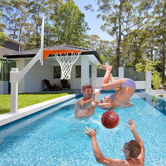 PROGOAL Aluminum Shot and Dunk Poolside Basketball Hoop - In Ground Removable Rust-Resistant Adjustable Height Pool Basketball Game System with Clear Backboard 1/2 Springs Rim and Three Balls
