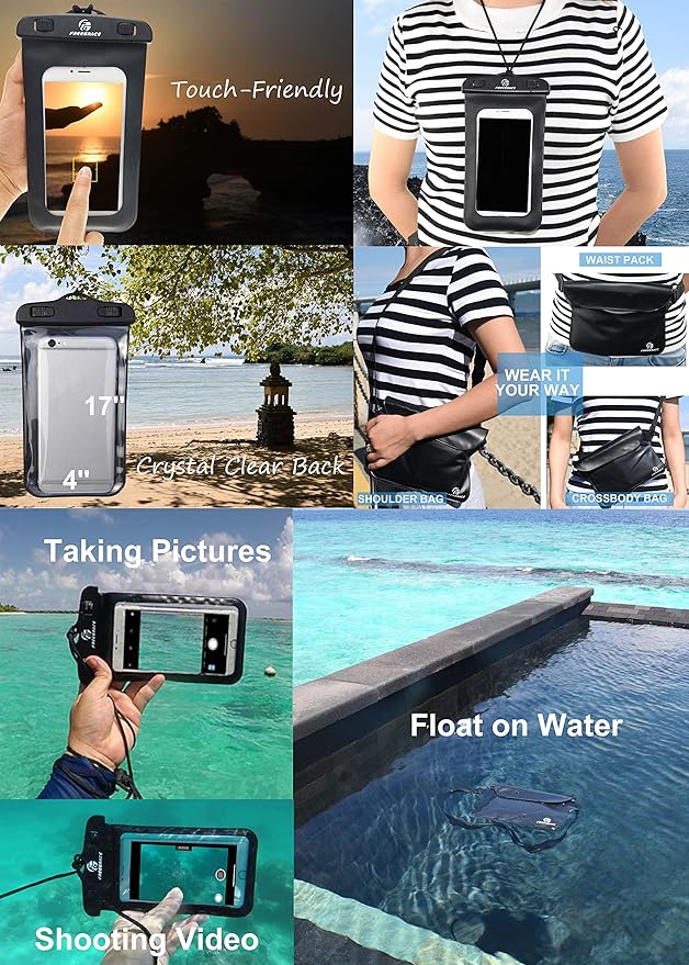 Freegrace Waterproof Dry Bags Set Of 3 Dry Bag With 2 Zip Lock Seals & Detachable Shoulder Strap, Waist Pouch & Phone Case - Can Be Submerged Into Water - For Swimming (Black, 10L)