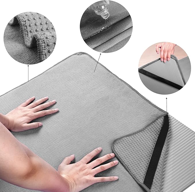 POLYTE Microfiber Hot Yoga Towel Mat with Non-Slip Silicone Grip and Secure Fit Elastic Straps, 24 x 72 in (Gray)