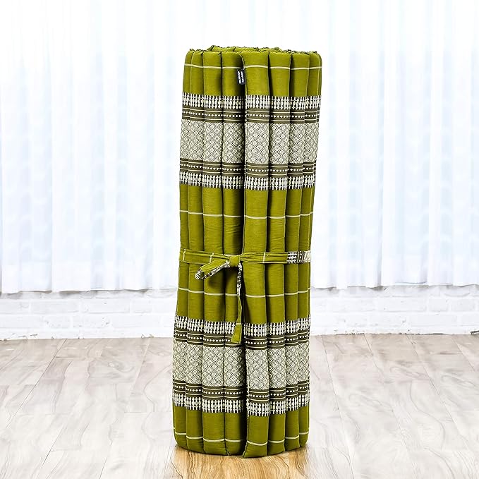 Leewadee - Kapok Roll Mat – Handcrafted Folding Sleep & Relaxation Mattress from Thailand, Ideal as Guest Bed, Camping Mat, Yoga Mat or Traditional Futon, 75 x 39 inches, Green