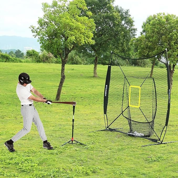 Storgem Baseball and Softball Practice Net 7×7ft Portable Hitting Pitching Batting Training Net Baseball Backstop Net with Batting Tee and Strike Zone and Bow Frame