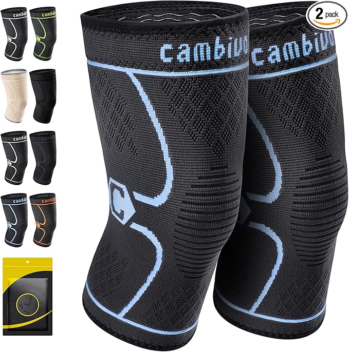 CAMBIVO 2 Pack Knee Brace, Knee Compression Sleeve for Men and Women, Knee Support for Running, Workout, Gym, Hiking, Sports (Blue,Large)