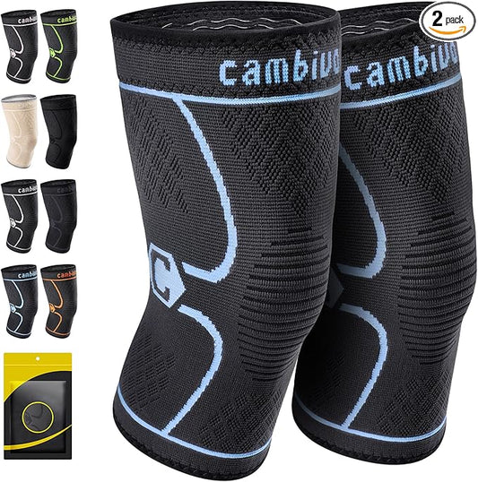 CAMBIVO 2 Pack Knee Brace, Knee Compression Sleeve for Men and Women, Knee Support for Running, Workout, Gym, Hiking, Sports (Blue,Large)