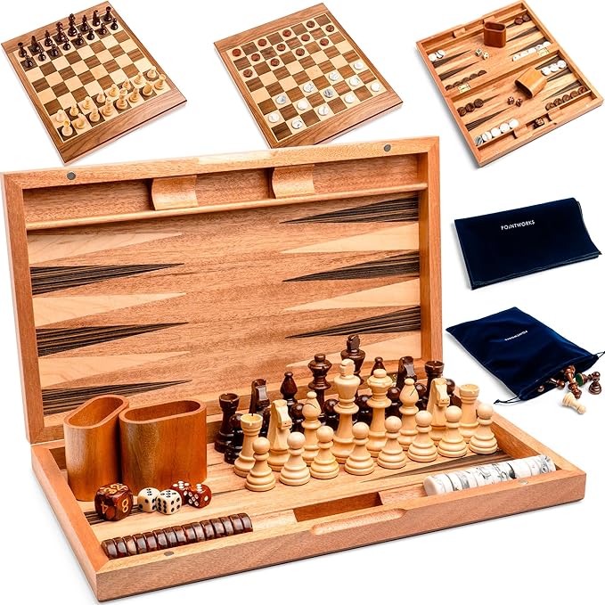 17 Inch Chess Checkers Backgammon Set for adults, Wooden chess set combo, portable folding two sided board multi game design, maple walnut inlay with large weighted pieces, acrylic checkers