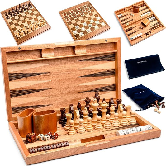 17 Inch Chess Checkers Backgammon Set for adults, Wooden chess set combo, portable folding two sided board multi game design, maple walnut inlay with large weighted pieces, acrylic checkers