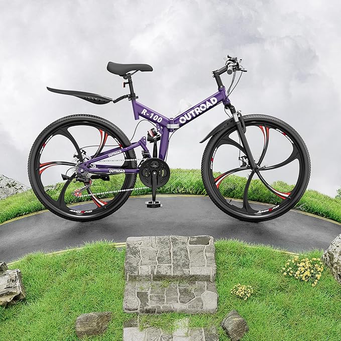 Outroad Folding Mountain Bike Foldable/Unfoldable Bike 26 Inch for Adult, 21-Speed Dual Suspension High-Carbon Steel MTB Foldable Bicycle, Dual Disc Brake Folding Bikes for Women and Men
