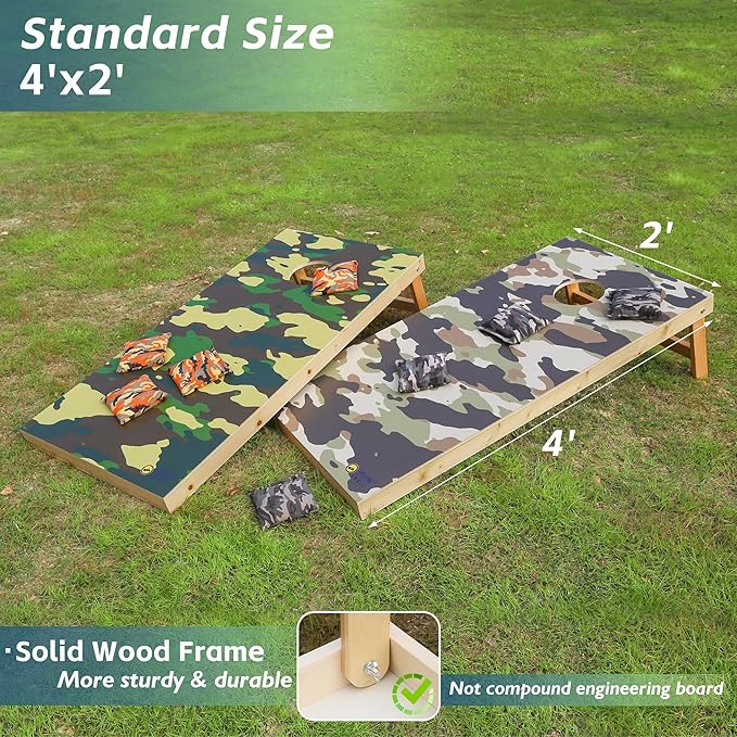 Cornhole Board Set 4FTx2FT Solid Wood Regulation Size Cornhole Set Includes 8 Cornhole Bags for Adults