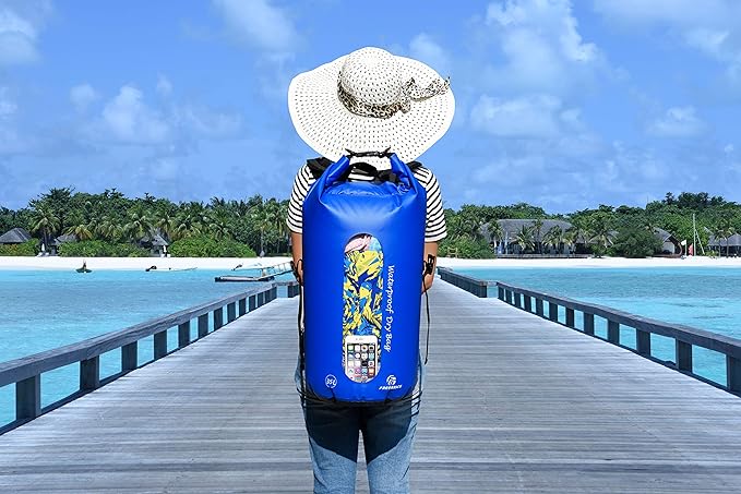 Freegrace Waterproof Dry Bags Set of 3 - Dry Bag with 2 Zip Lock Seals, Waist Pouch & Phone Case - Can Be Submerged Into Water for Swimming, Kayak, Rafting & Boating (Window, Navy Blue, 35L)