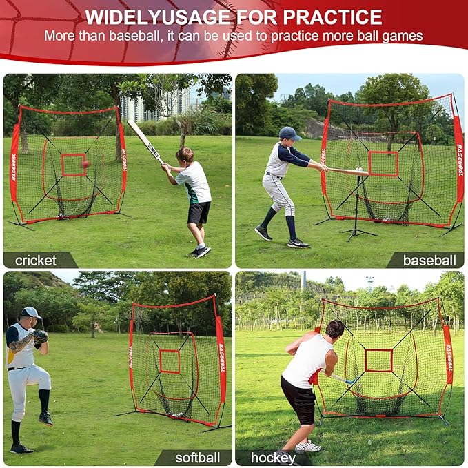 7'×7' Baseball Softball Practice Net,Baseball Backstop,with Batting Tee,for Hitting Pitching Batting Catching with Bow Frame,Bonus Strike Zone