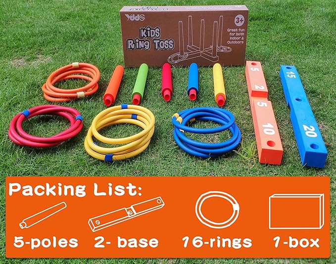 Ring Toss Game for Kids, Indoor & Outdoor Game for Family and Adults with 5 Poles, 2 Bases and 16 Rings in 4 Colors, Soft Foam Toy for Kids Backyard Ring Toss Fun