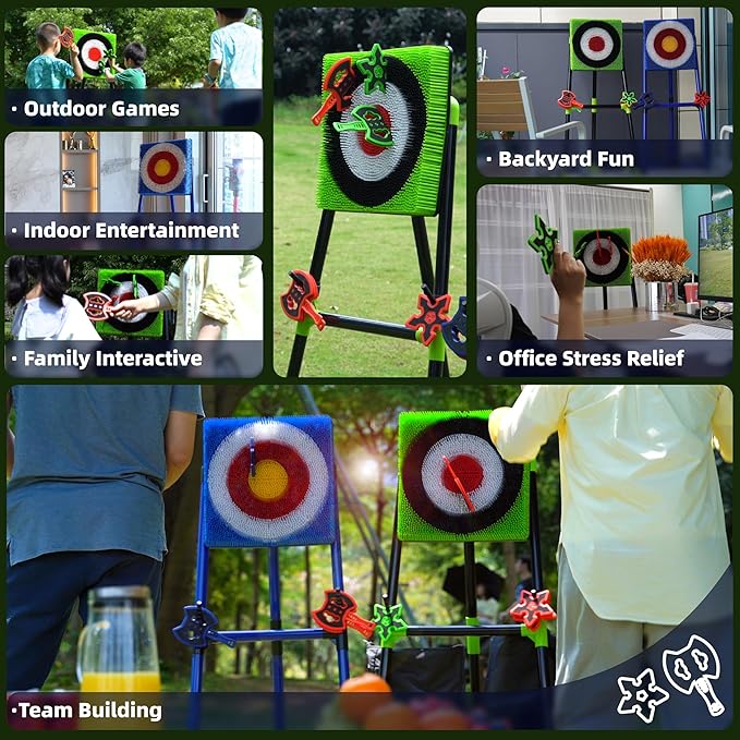 Family Axe Throwing Game for Backyard Fun | Safe Bristle Target Set with 4 Axes & 4 Darts for Kids & Adults | Lightweight & Portable for Carnival, Camping, Party and Indoor/Outdoor Games