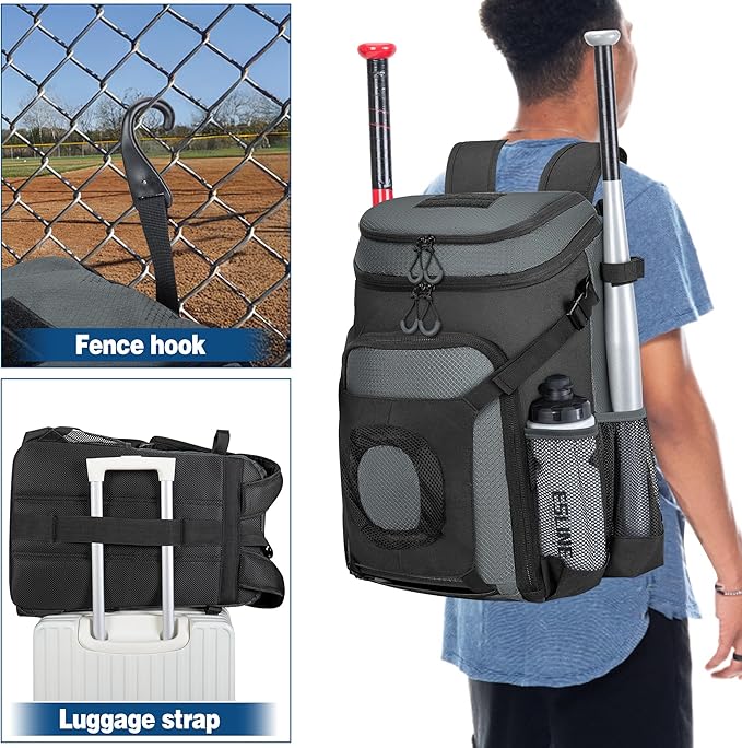 Baseball Bag for Adult and Youth, Baseball Backpack Softball Bag with Helmet Holder, Shoe Compartment and Fence Hook