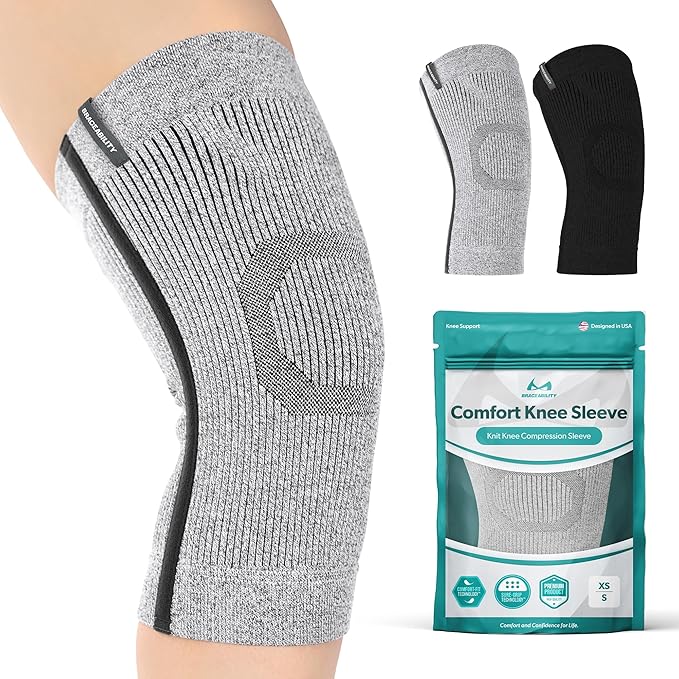 BraceAbility Knee Compression Sleeve - Knit Knee Pain Brace for Men and Women, Arthritis Relief, Meniscus Tear, Running, Workout, Sports, Swelling, Athletic Support for Joint Stability (XS/S Gray)