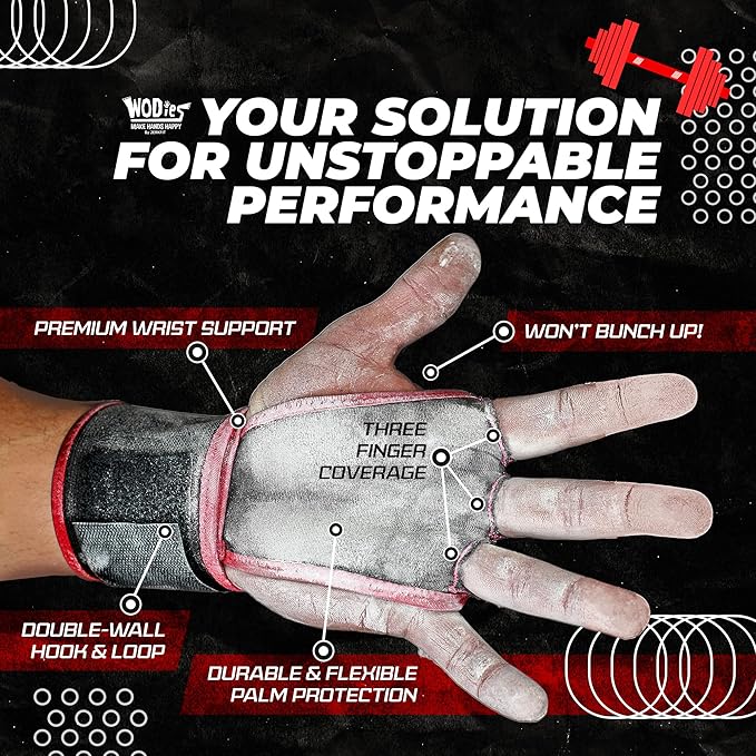 JerkFit WODies Gymnastics & Weightlifting Grips with Wrist Wraps – 3 Hole Versatile Gym Gloves for Pull Ups, Gym Training & Cross Training – Hand Grips Palm Protector for Men & Women