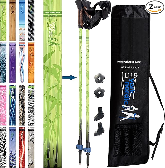 Official Nordic Walking Poles - True Classic Nordic Glove Grips, Lightweight, Adjustable, and Collapsible -2 Pieces w/flip Locks, Detachable Feet and Travel Bag by York Nordic - Heights 5'4"-6'2"