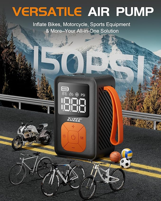 Mini Bike Pump, 150 PSI Portable Bicycle Pump with Gauge, 3X Faster & Auto Stop & Brushless Motor, Electric Bike Tire Pump with Presta and Schrader Valve for Road Bike, MTB, Motorcycle, Ball,etc