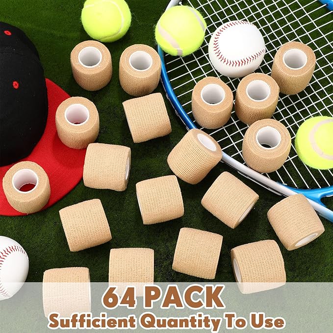 Treela 64 Pack 2" x 5 Yards Self Adhesive Cohesive Bandage Wraps, Elastic Breathable Athletic Tape, Flexible Self Adherent Bandage Rolls for Wrist, Ankle, Fingers, Sports & Pets (Beige)