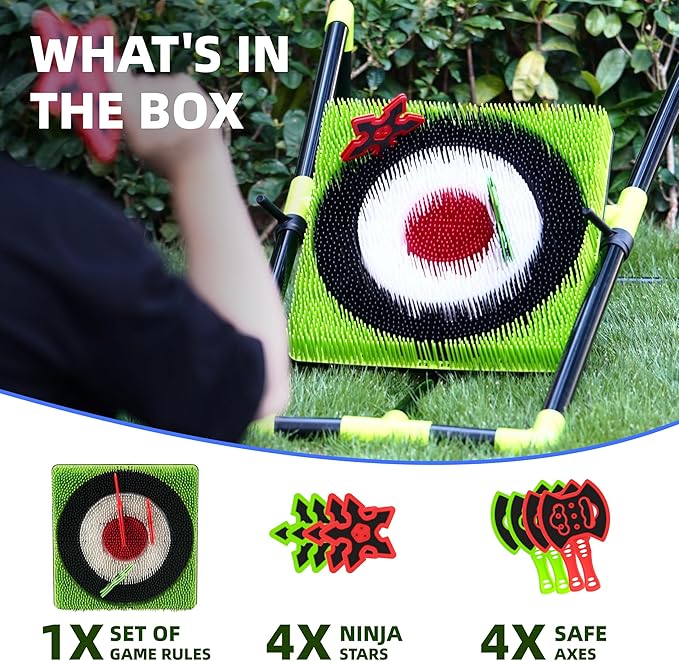 Family Axe Throwing Game for Backyard Fun | Safe Bristle Target Set with 4 Axes & 4 Darts for Kids & Adults | Lightweight & Portable for Carnival, Camping, Party and Indoor/Outdoor Games