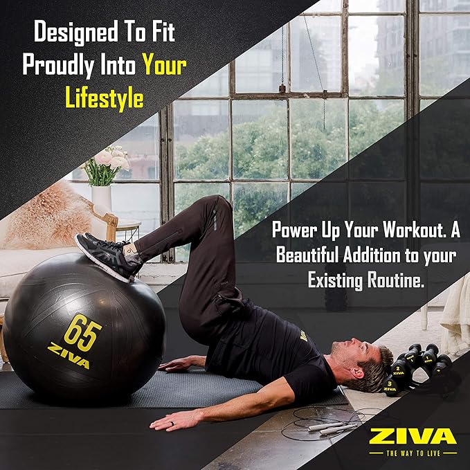 Ziva Anti Burst Core Fitness Exercise Ball - Professional Grade Slip Resistant Yoga Ball for Stability Balance - Includes Hand-Pump - Multiple Sizes Colors, 55-75cm