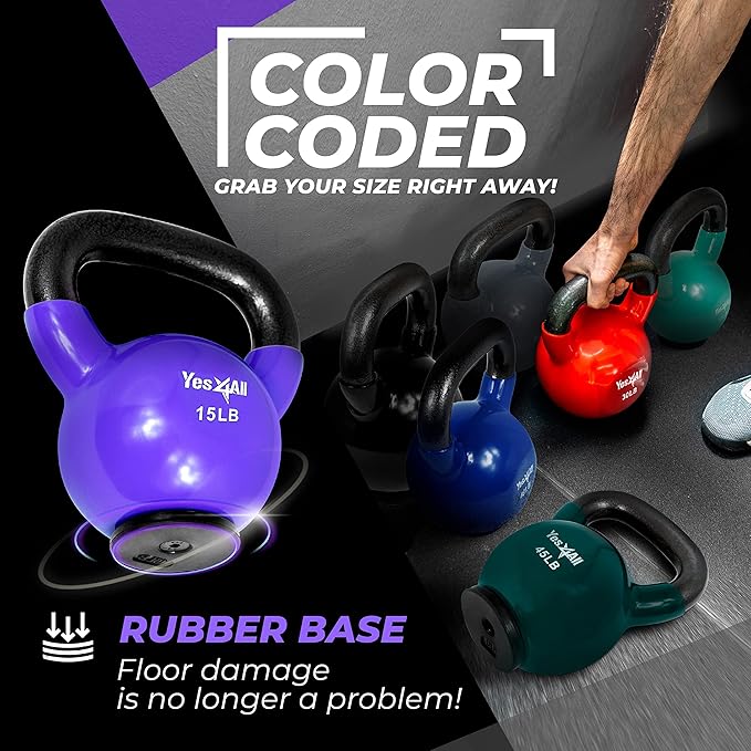 Yes4All Kettlebells Rubber Base, Kettlebell Set for Women, Strength Training Kettlebells Weights (10-65 lbs)