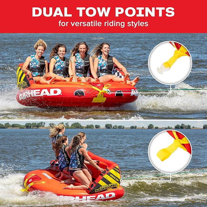 Airhead Mable Inflatable Towable Tube, 1-4 Rider Models, Dual Tow Points, Full Nylon Cover, EVA Foam Pads, Patented Speed Valve, Boat Tubes and Towables