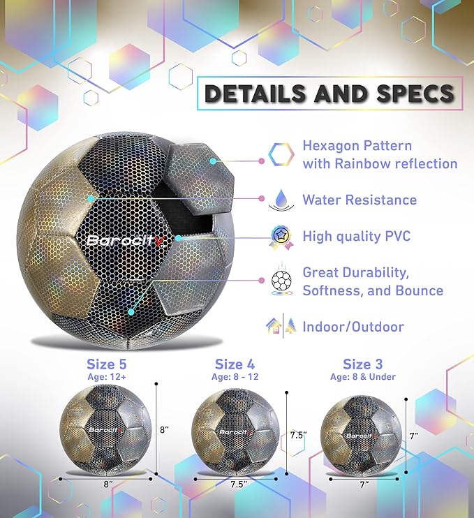Soccer Ball - Premium Boy and Girl Official Match Ball with Cool Reflective Iridescent Rainbow Hex Pattern, Durable, Indoor, Outdoor, Training, Practice, Playtime and Games