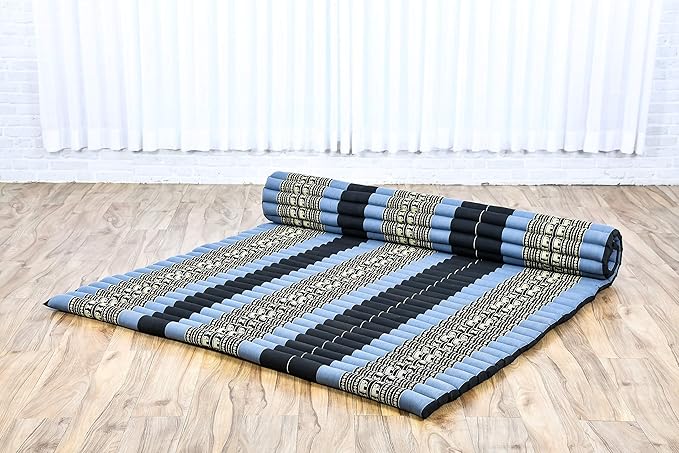 Leewadee - Foldable Floor Mattress - Japanese Roll Up Futon -Trifold Tatami Mat- Guest Floor Bed - Camping Mattress - Thai Massage Mat, Kapok Filled, 75 x 57 inches, Blue
