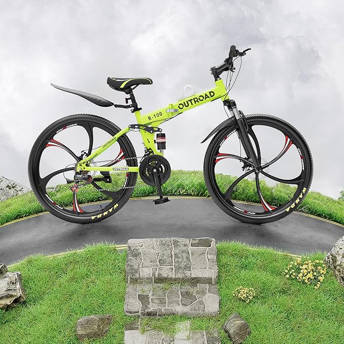 Outroad 26 Inch Folding Mountain Bike, 21 Speed Full Suspension High-Carbon Steel MTB Foldable Bicycle, Dual Disc Brake Non-Slip Folding Bikes for Adults/Men/Women, Black, Orange and Green