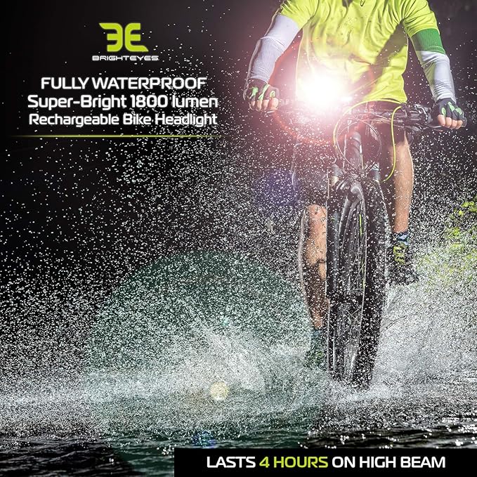 BRIGHT EYES 1800 Lumen Bicycle Light Set - The Stamina - Super Bright Headlight w/Quad Cree Technology and Light Weight Military Grade Nylon Shell - Free USB Rechargeable Taillight