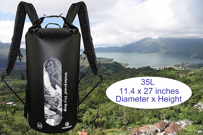 Freegrace Waterproof Dry Bags Set of 3 - Dry Bag with 2 Zip Lock Seals, Waist Pouch & Phone Case - Can Be Submerged Into Water for Swimming, Kayak, Rafting & Boating (Window, Black, 35L)