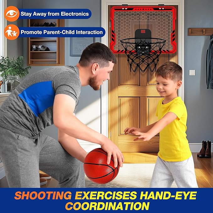 ropoda Indoor Basketball Hoop, Mini Hoop with Remote Controll, 7 LED Lights, 3 Modes Scoreboard, Mini Hoop with 4 Balls Over The Door, Basketball Hoop Indoor, Toys Gifts for Kids Adults