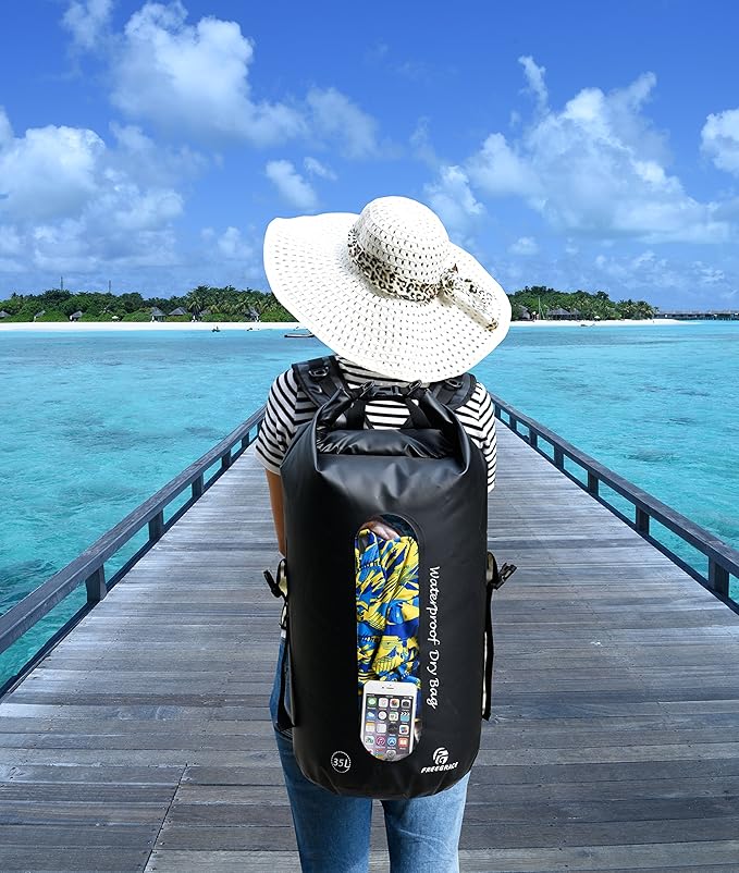 Freegrace Waterproof Dry Bags Set of 3 - Dry Bag with 2 Zip Lock Seals, Waist Pouch & Phone Case - Can Be Submerged Into Water for Swimming, Kayak, Rafting & Boating (Window, Black, 35L)