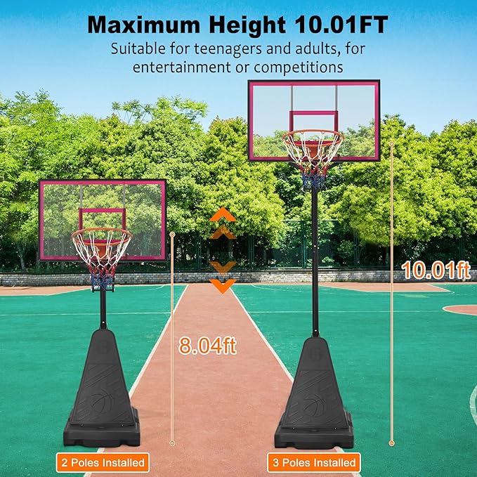 Basketball Hoop Outdoor 8.04-10FT Height Adjustable, Portable Basketball Goal with 44 Inch Shatterproof Backboard, Heavy-Duty Base & Wheels for Youth,Teens,Adults in Backyard,Driveway,Indoor