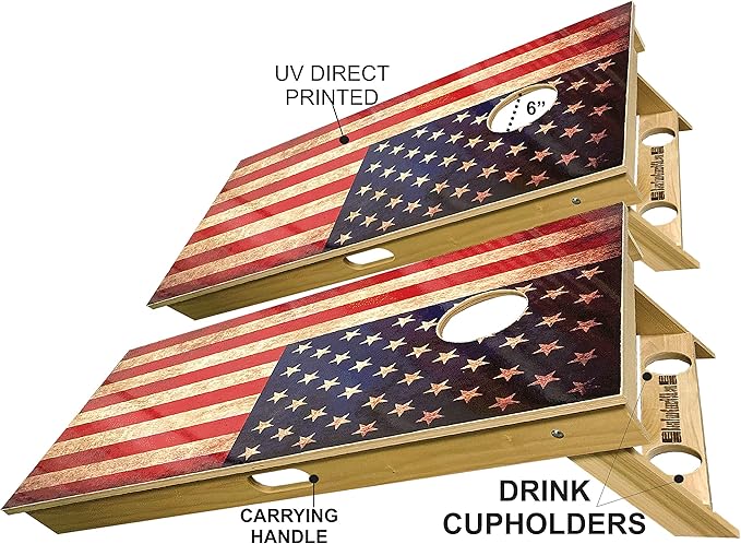 American Flag Series - Premium Cornhole Boards w Cupholders and a Handle - Includes 2 Regulation 4' x 2' Cornhole Boards w Premium Birch Plywood and 8 Cornhole Bags