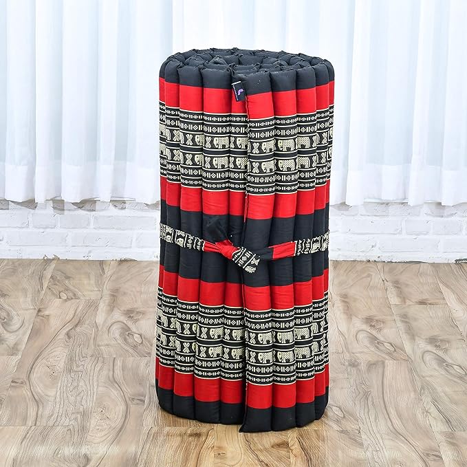 Leewadee - Foldable Floor Mattress - Japanese Roll Up Futon -Trifold Tatami Mat- Guest Floor Bed - Camping Mattress - Thai Massage Mat, Kapok Filled, 75 x 28 inches, Black Red
