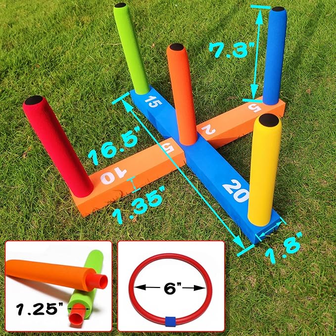 Ring Toss Game for Kids, Indoor & Outdoor Game for Family and Adults with 5 Poles, 2 Bases and 16 Rings in 4 Colors, Soft Foam Toy for Kids Backyard Ring Toss Fun