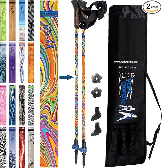 Official Nordic Walking Poles - True Classic Nordic Glove Grips, Lightweight, Adjustable, and Collapsible -2 Pieces w/flip Locks, Detachable Feet and Travel Bag by York Nordic - Heights 5'4"-6'2"