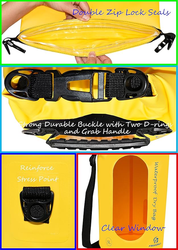 Freegrace Waterproof Dry Bags Set of 3 Dry Bag with 2 Zip Lock Seals & Detachable Shoulder Strap, Waist Pouch & Phone Case - Can Be Submerged Into Water - for Swimming (Yellow(Window), 20L)